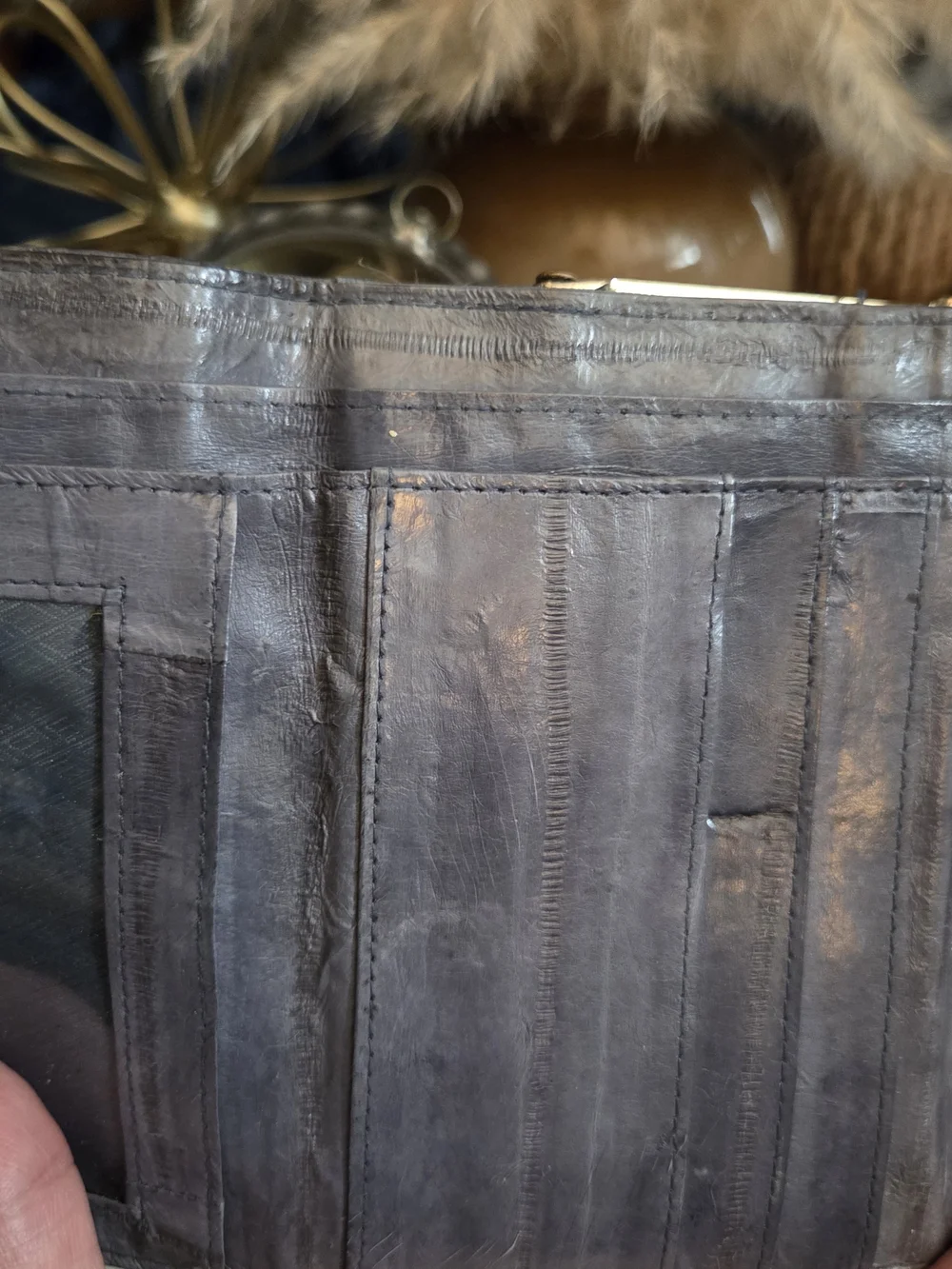 Vintage Genuine Eel Skin Leather Wallet Clutch Gray Korea Gold Frame